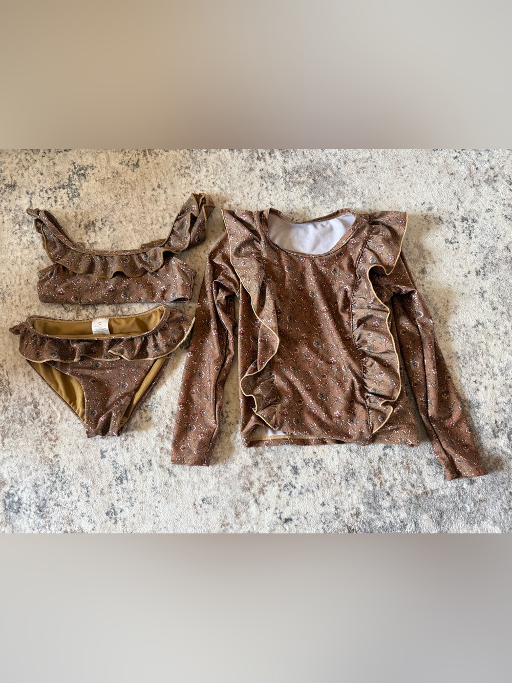 Jamie Kay Brown Floral Ruffle Long Sleeve Kids Bikini Set